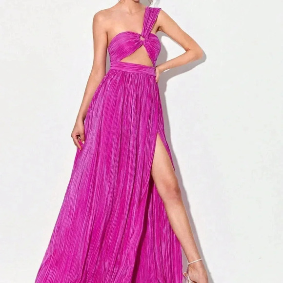 Red Violet Sexy Women's One Shoulder Ring Ruched Front Cut Out Split Thigh Dress - Picture 4 of 6